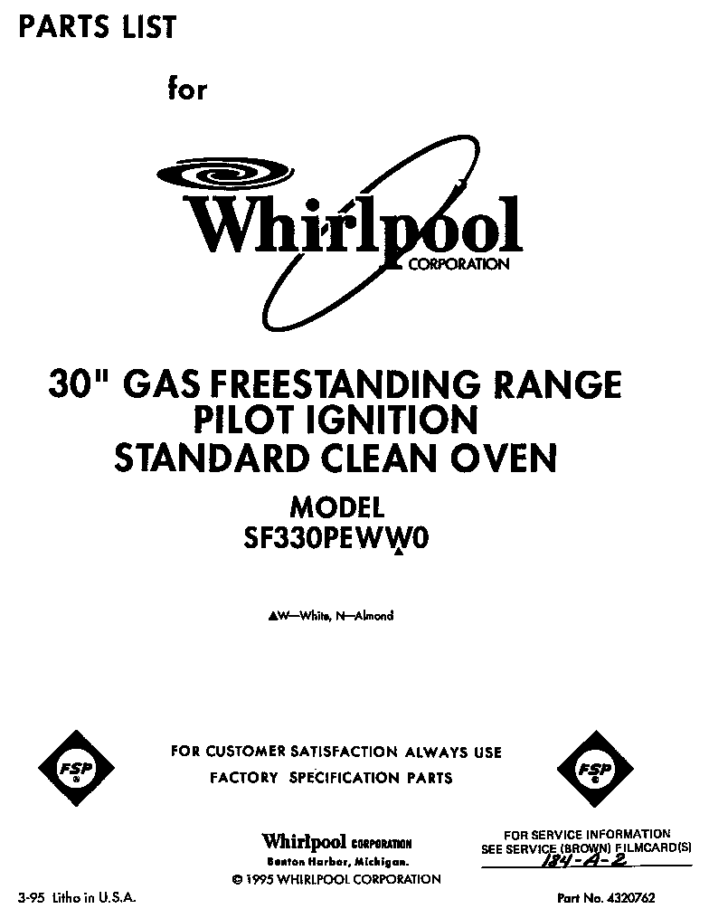 Whirlpool SF330PEWW0 front cover diagram