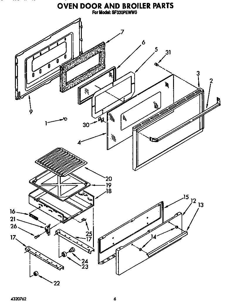 Whirlpool SF330PEWW0 oven door and broiler diagram