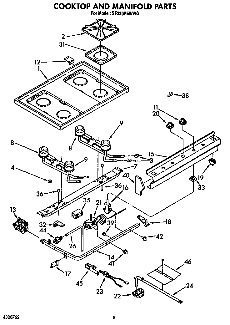 Whirlpool SF330PEWW0 cooktop and manifold diagram