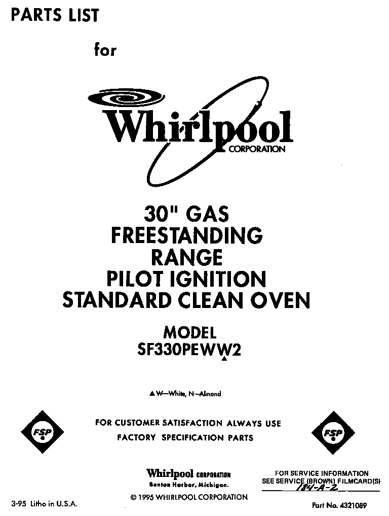Whirlpool SF330PEWN2 front cover diagram