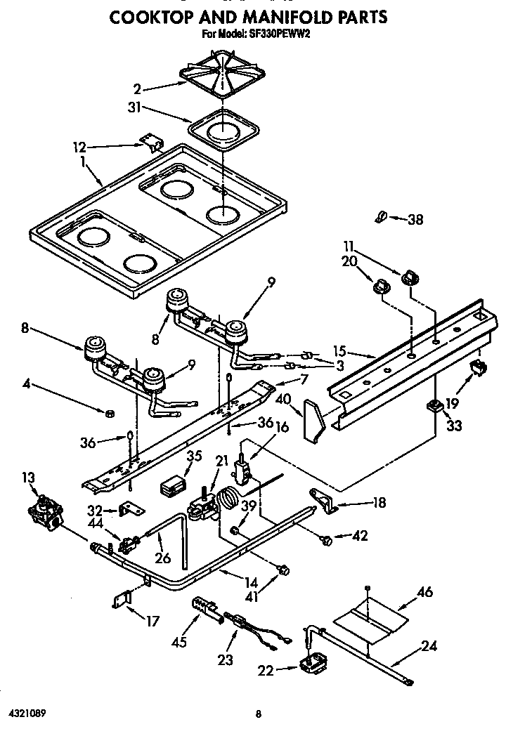 Whirlpool SF330PEWN2 cooktop and manifold diagram