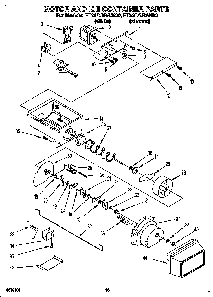 Whirlpool ET22DQRAN00 motor and ice container diagram