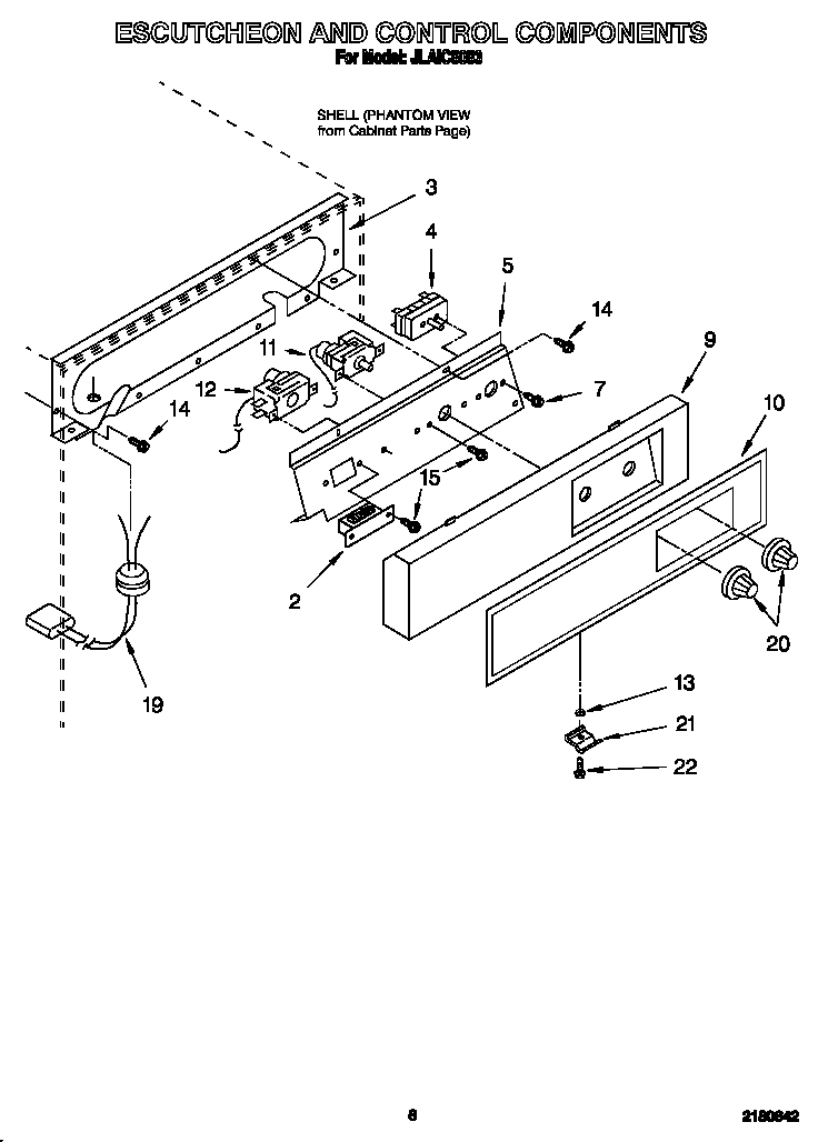 Whirlpool JLAIC5053 escutcheon and control components diagram