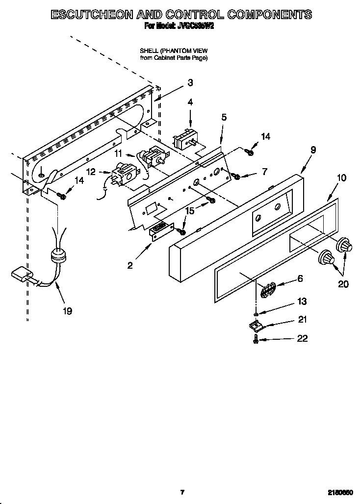 Whirlpool JVGC535W2 escutcheon and control components diagram