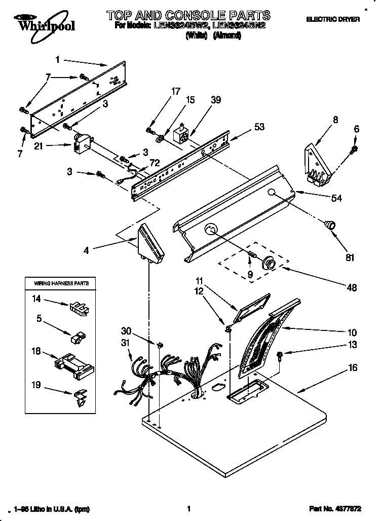Whirlpool LEN3624BW2 top and console diagram