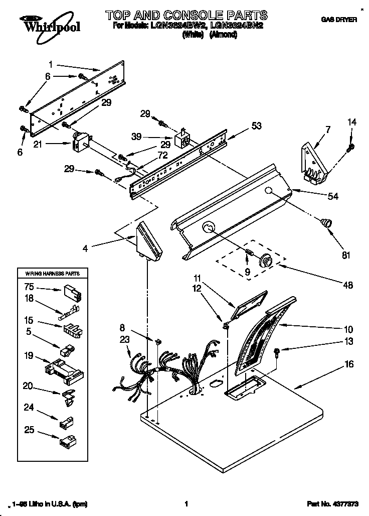 Whirlpool LGN3624BN2 top and console diagram