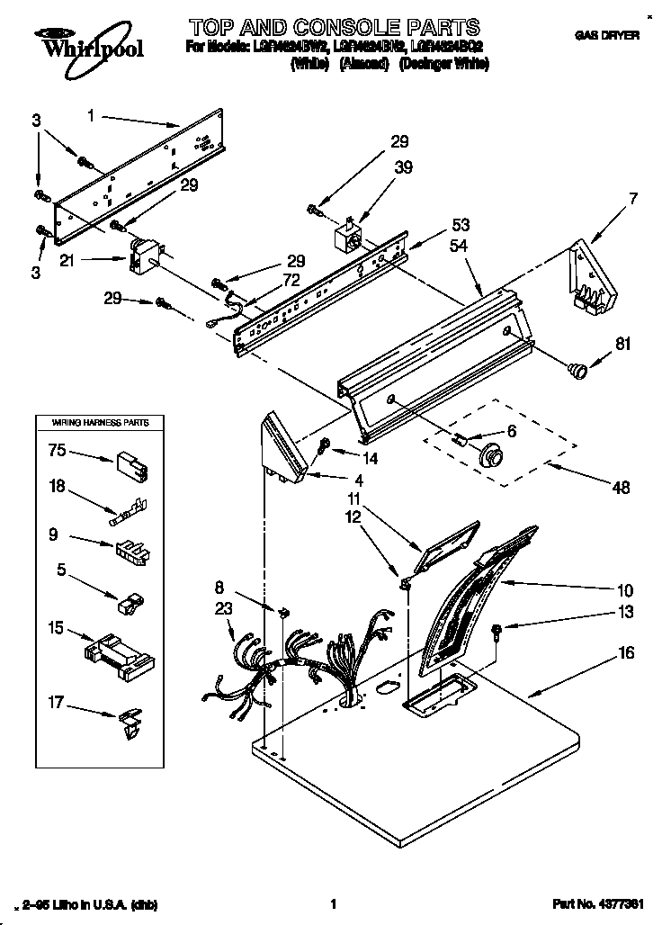 Whirlpool LGR4624BW2 top and console diagram