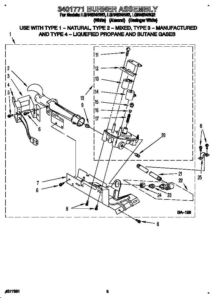 Whirlpool LGR4624BW2 3401771 burner assembly diagram