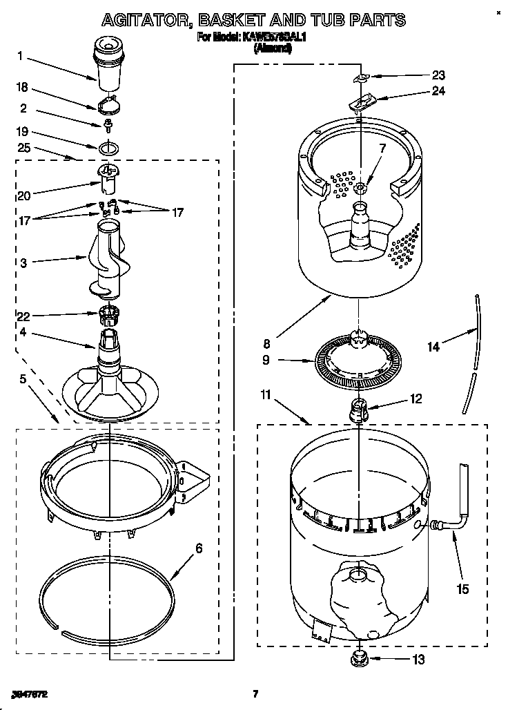KitchenAid KAWE578BAL1 agitator, basket and tub diagram