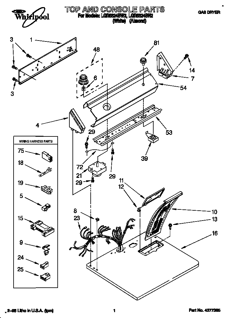 Whirlpool LGR5624BW2 top and console diagram