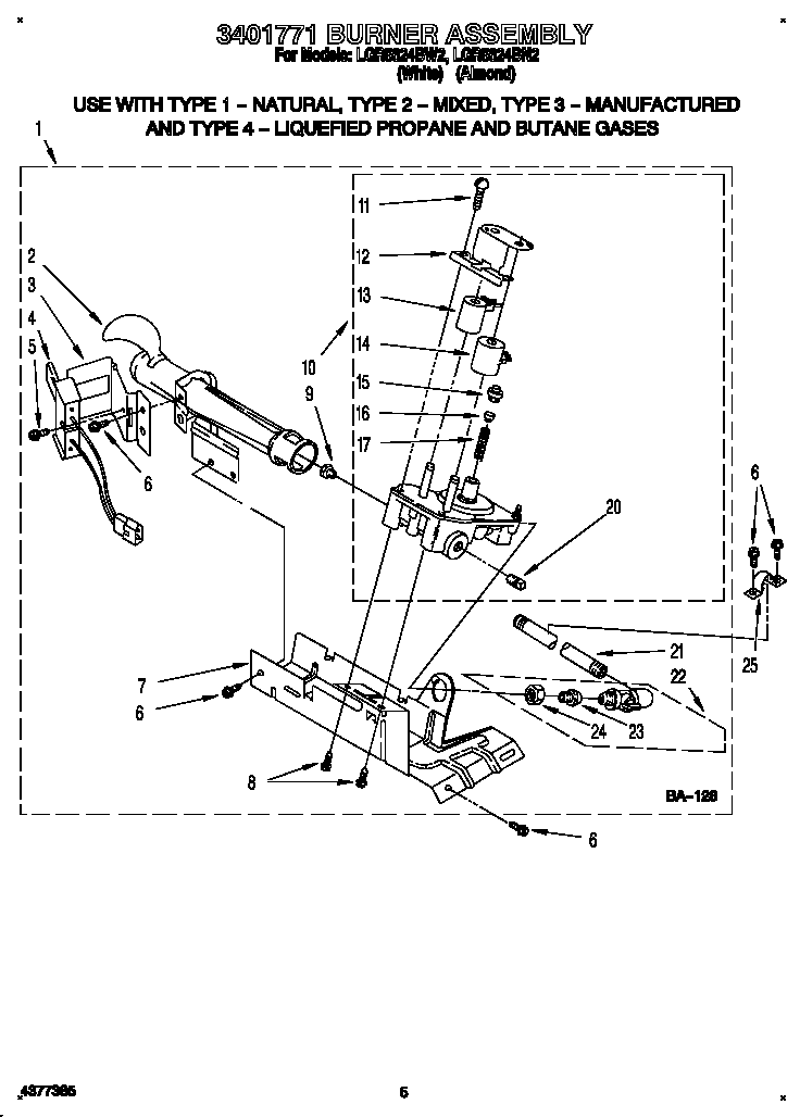 Whirlpool LGR5624BW2 3401771 burner assembly diagram