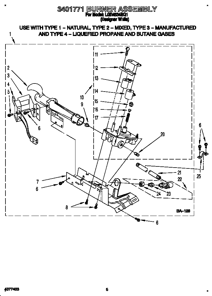 Whirlpool LGR4634BQ1 3401771 burner assembly diagram