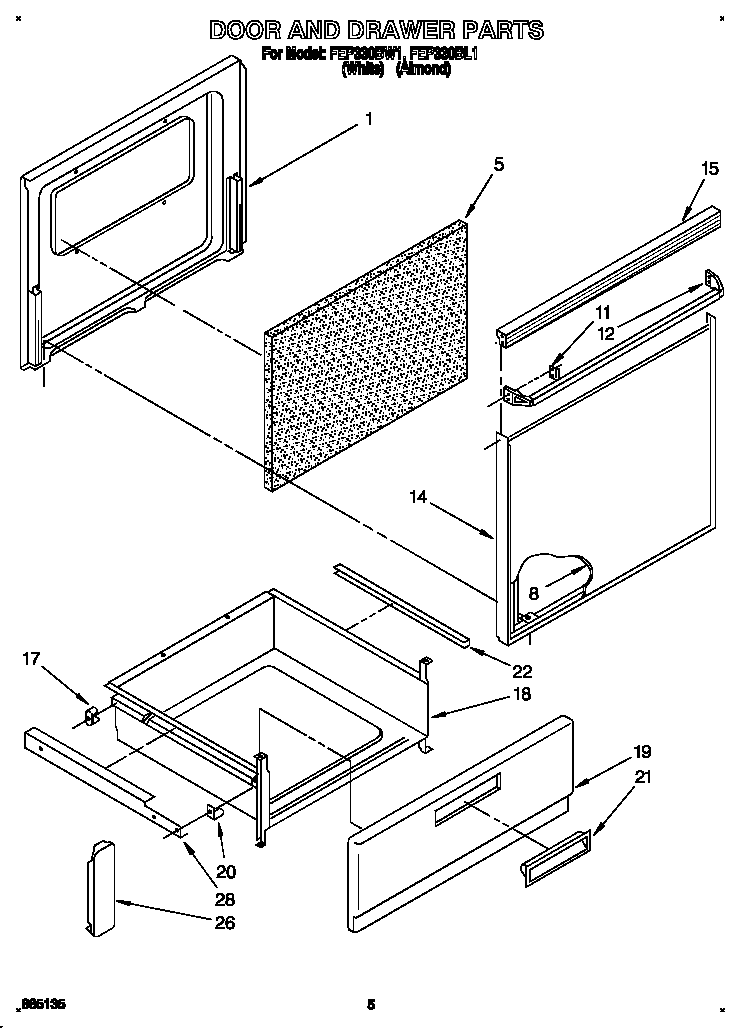 Roper FEP330BL1 door and drawer diagram