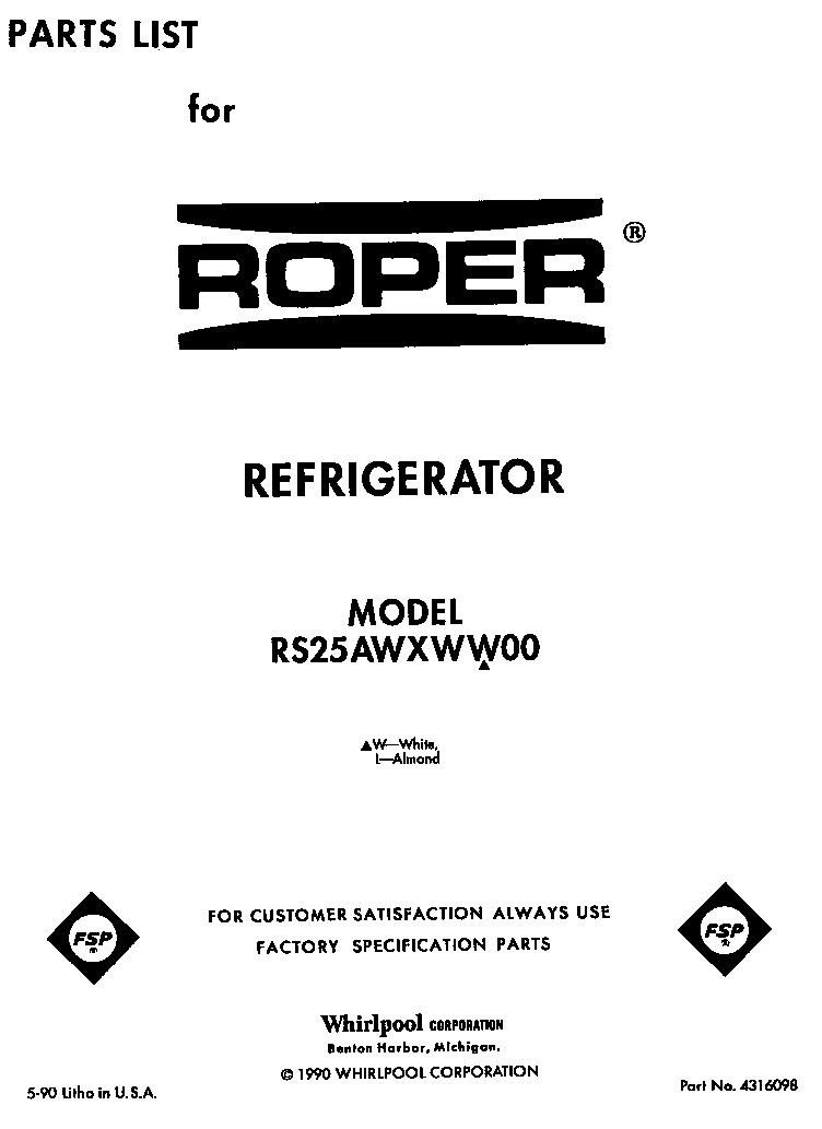 Roper RS25AWXWL00 front cover diagram