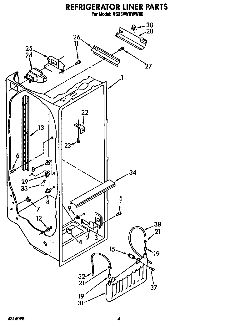 Roper RS25AWXWL00 refrigerator liner diagram