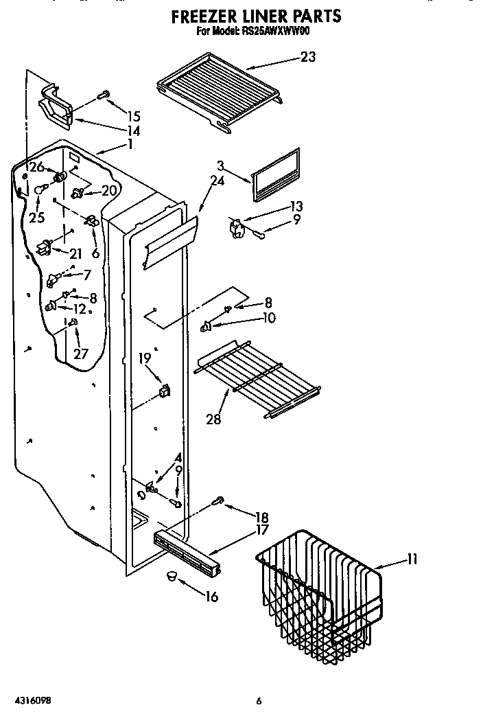 Roper RS25AWXWL00 freezer liner diagram