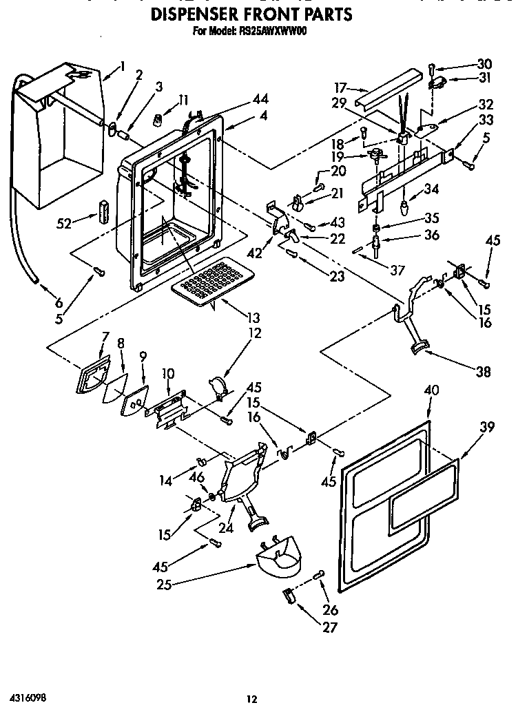 Roper RS25AWXWL00 dispenser front diagram