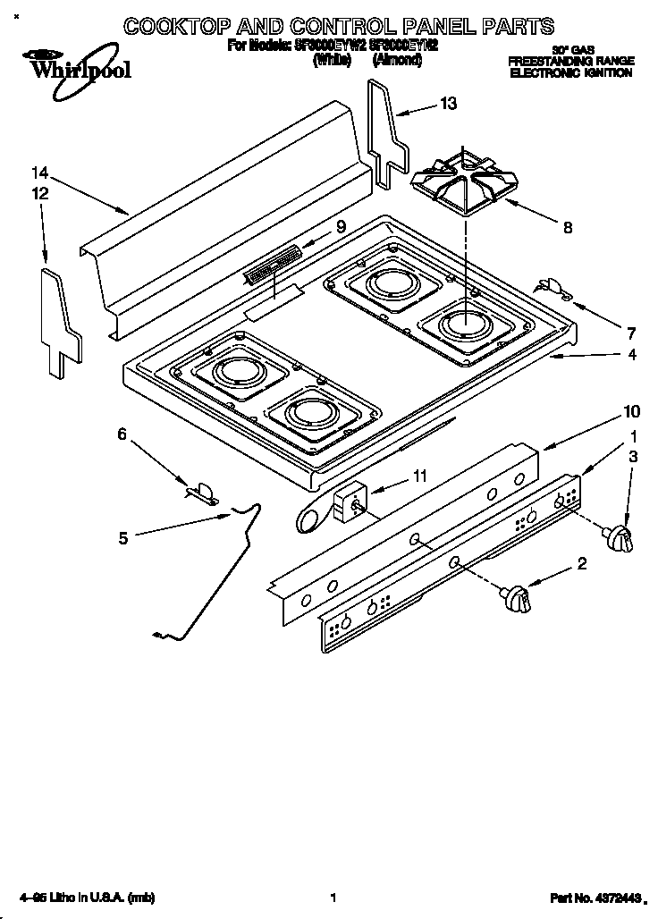 Whirlpool SF3000EYW2 cooktop and control panel diagram