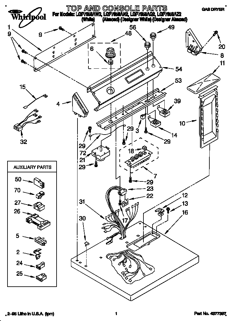 Whirlpool LGP7858AW2 top and console diagram