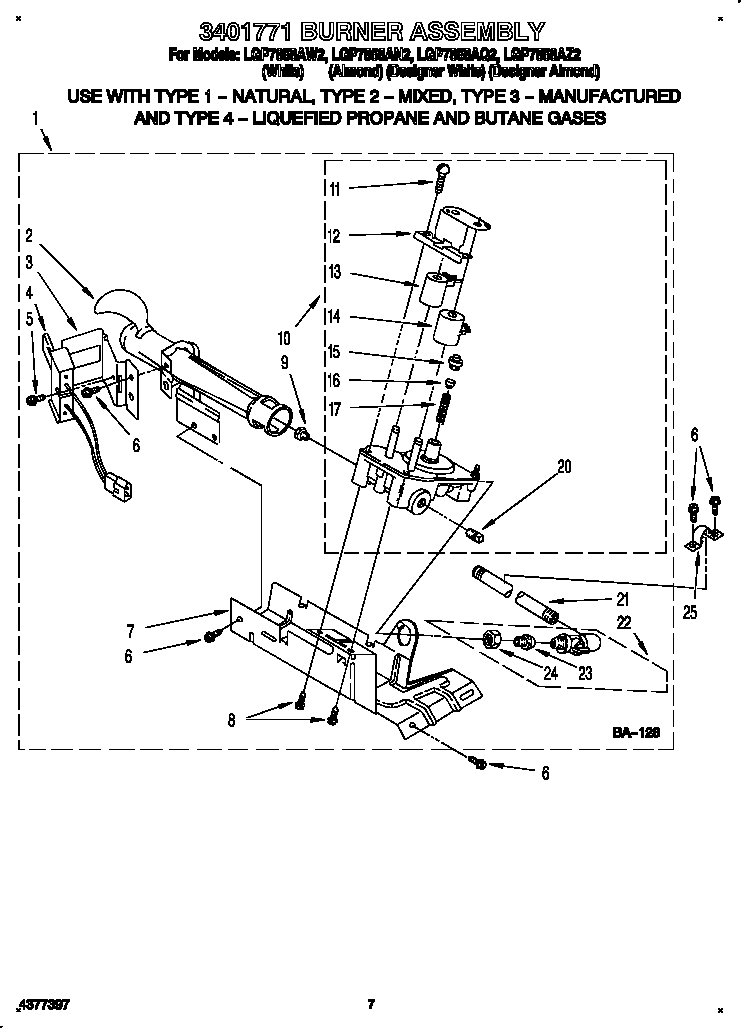 Whirlpool LGP7858AW2 3401771 burner assembly diagram
