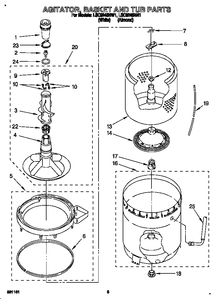 Whirlpool LSC9245BN1 agitator, basket and tub diagram