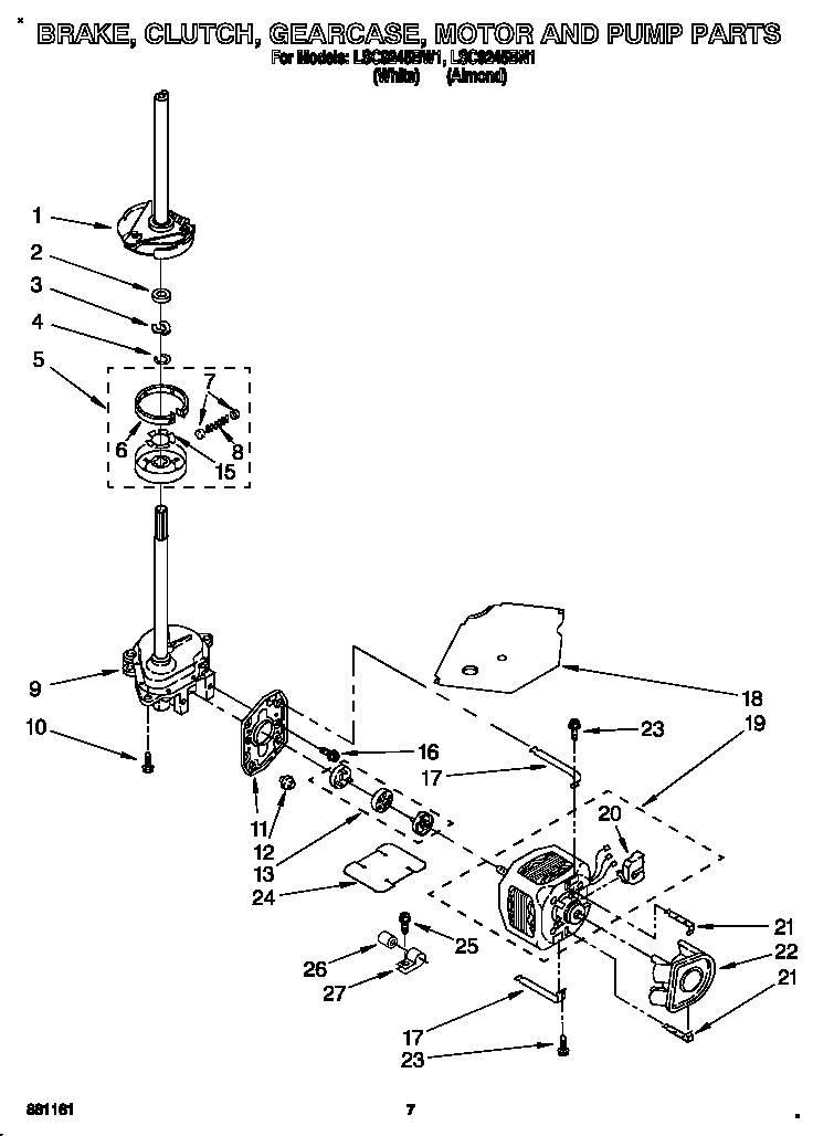 Whirlpool LSC9245BN1 brake, clutch, gearcase, motor and pump diagram