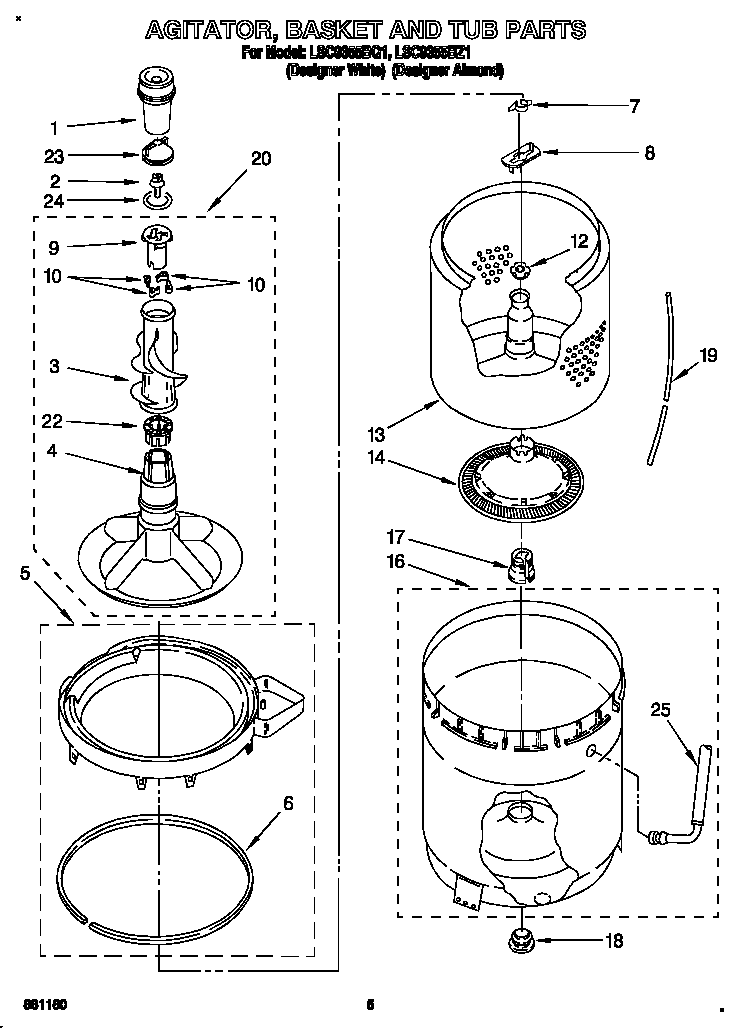 Whirlpool LSC9355BZ1 agitator, basket and tub diagram