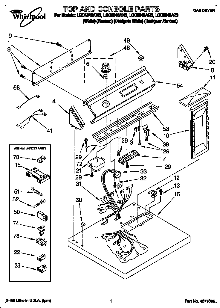 Whirlpool LGC6848AW3 top and console diagram