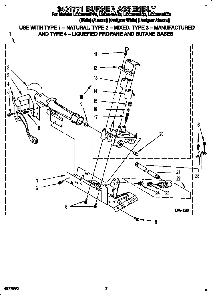 Whirlpool LGC6848AW3 3401771 burner assembly diagram