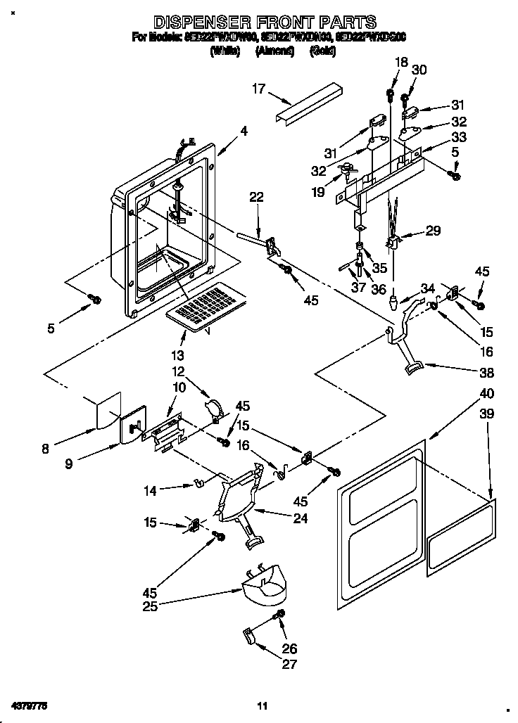 Whirlpool 8ED22PWXDN00 dispenser front diagram