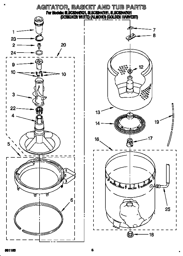 Whirlpool 8LSC6244BN1 agitator, basket and tub diagram