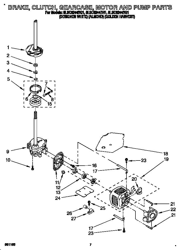 Whirlpool 8LSC6244BN1 brake, clutch, gearcase, motor and pump diagram
