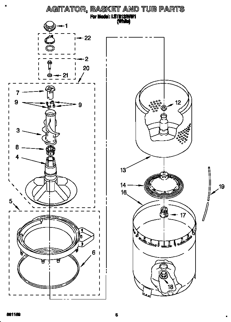 Whirlpool LST6132BW1 agitator, basket and tub diagram
