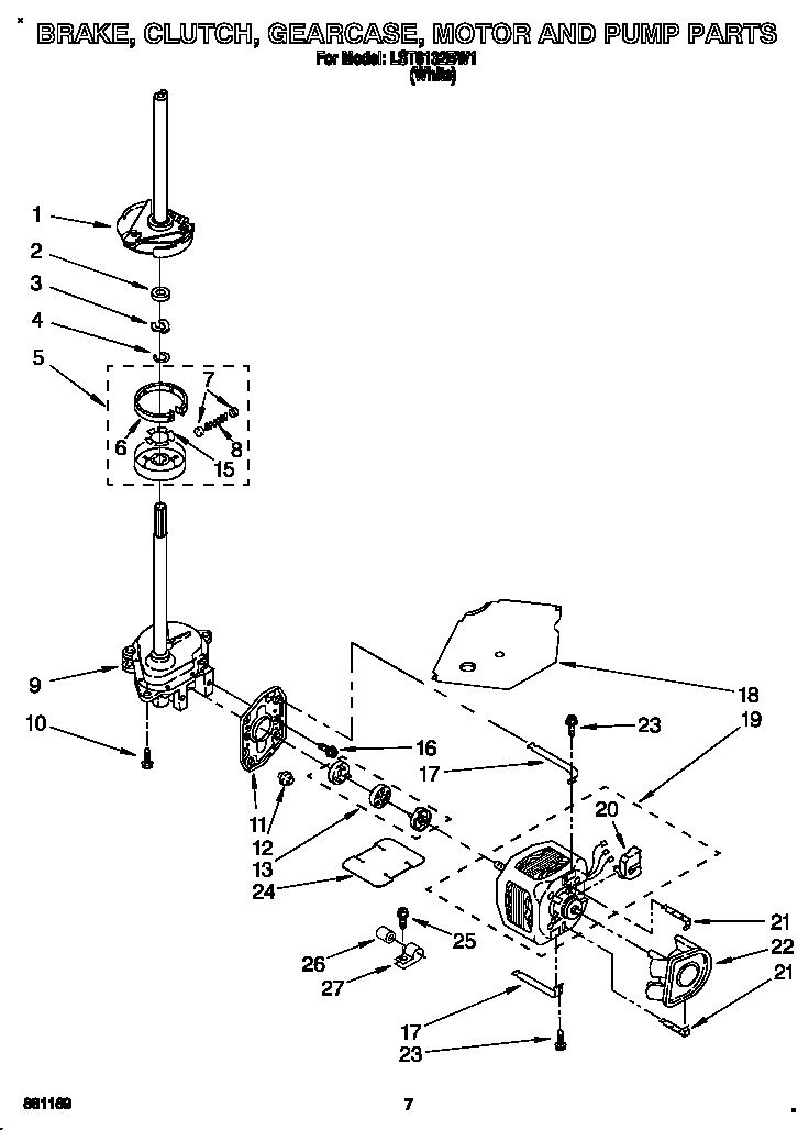 Whirlpool LST6132BW1 brake, clutch, gearcase, motor and pump diagram