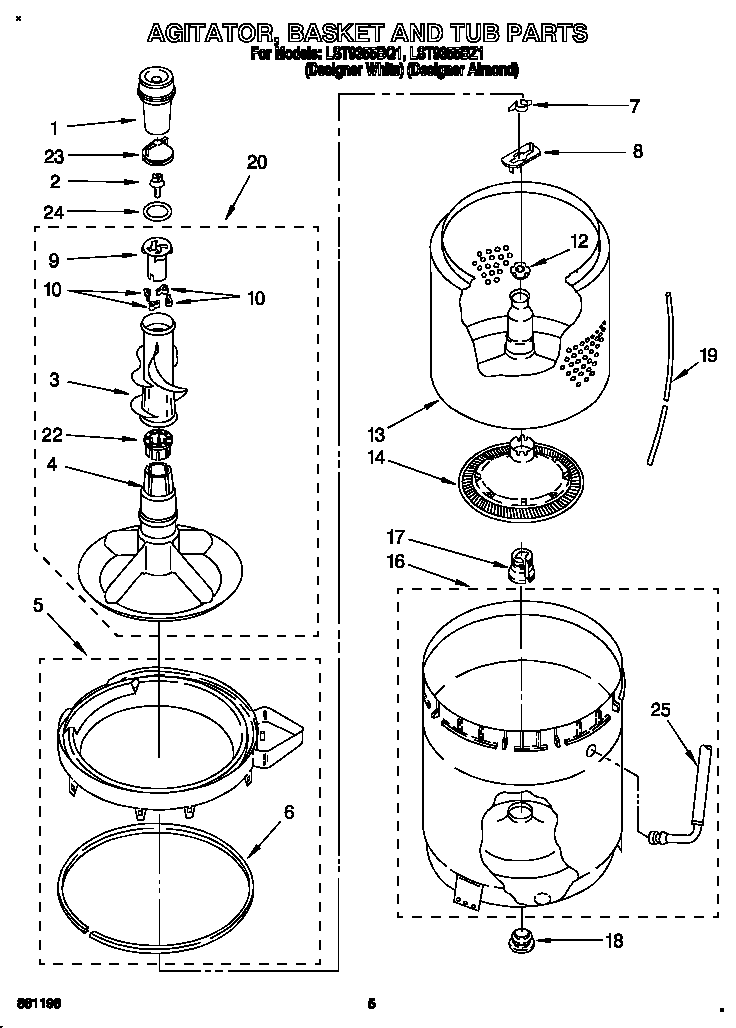 Whirlpool LST9355BZ1 agitator, basket and tub diagram