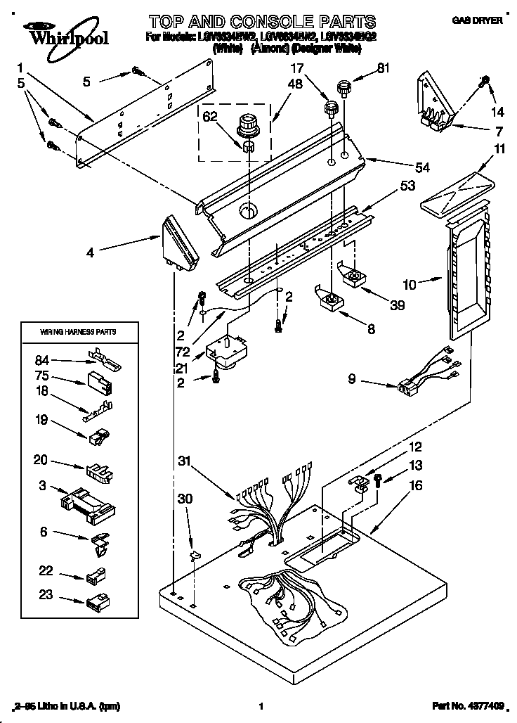 Whirlpool LGV6634BN2 top and console diagram