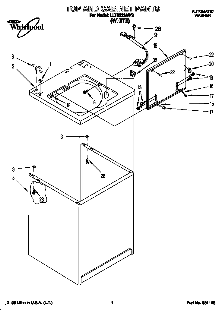 Whirlpool LLT8233AW2 top and cabinet diagram