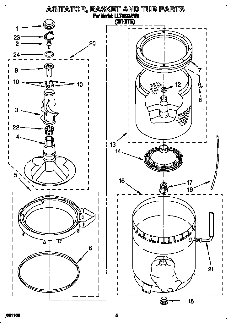 Whirlpool LLT8233AW2 agitator, basket and tub diagram