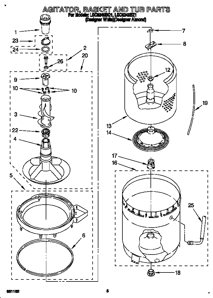Whirlpool LSC9245BZ1 agitator, basket and tub diagram