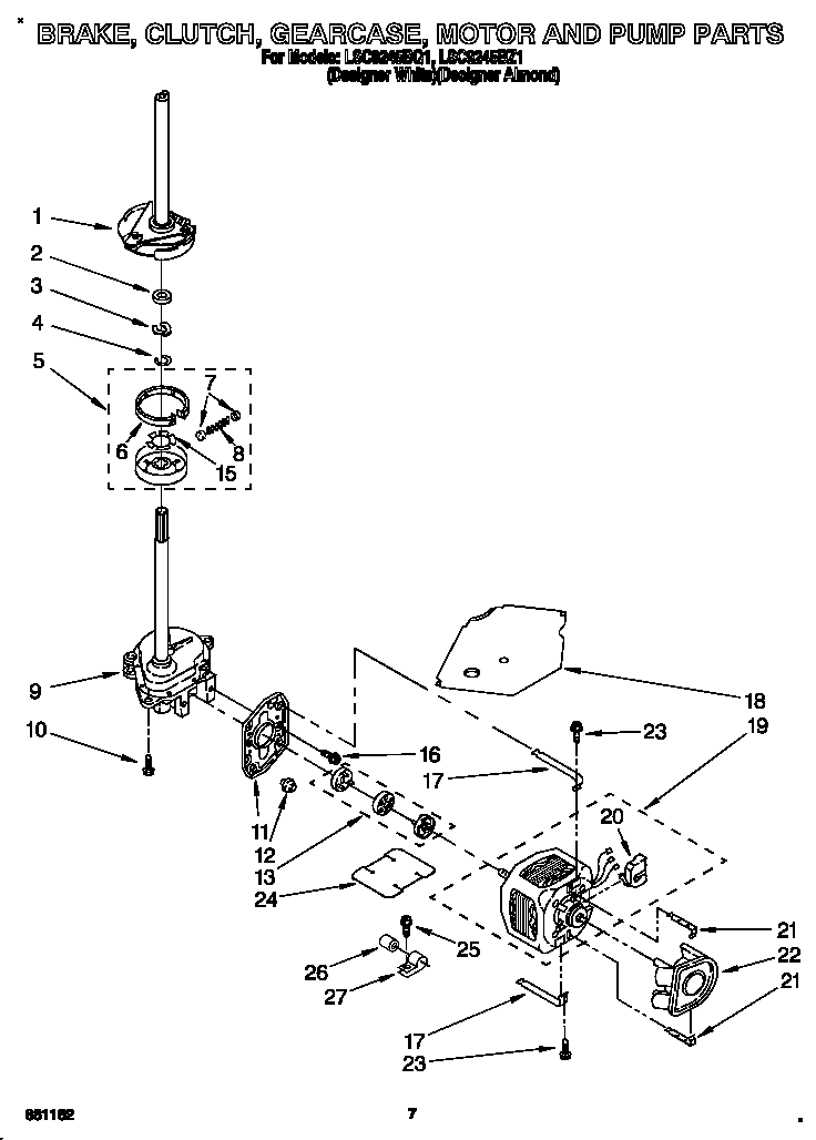 Whirlpool LSC9245BZ1 brake, clutch, gearcase, motor and pump diagram