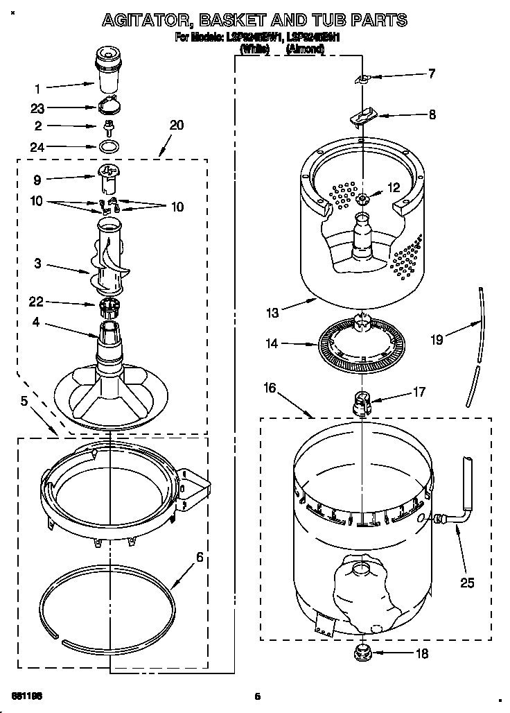 Whirlpool LSP9245BW1 agitator, basket and tub diagram
