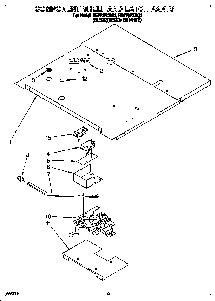 Whirlpool RB770PXBQ2 component shelf and latch diagram