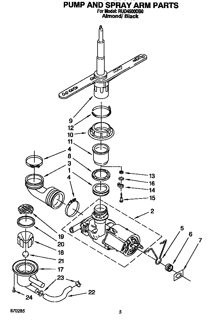 Roper RUD4500DB0 pump and spray arm diagram
