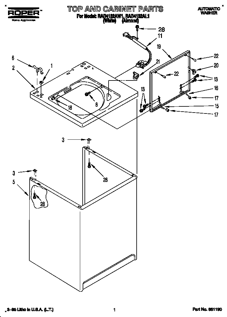 Roper RAB4132AW1 top and cabinet diagram