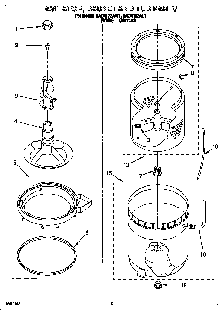 Roper RAB4132AW1 agitator, basket and tub diagram