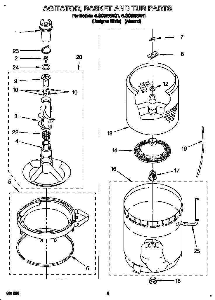 Whirlpool 4LSC9255AN1 agitator, basket and tub diagram