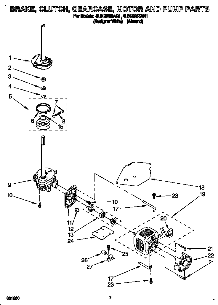 Whirlpool 4LSC9255AN1 brake, clutch, gearcase, motor and pump diagram