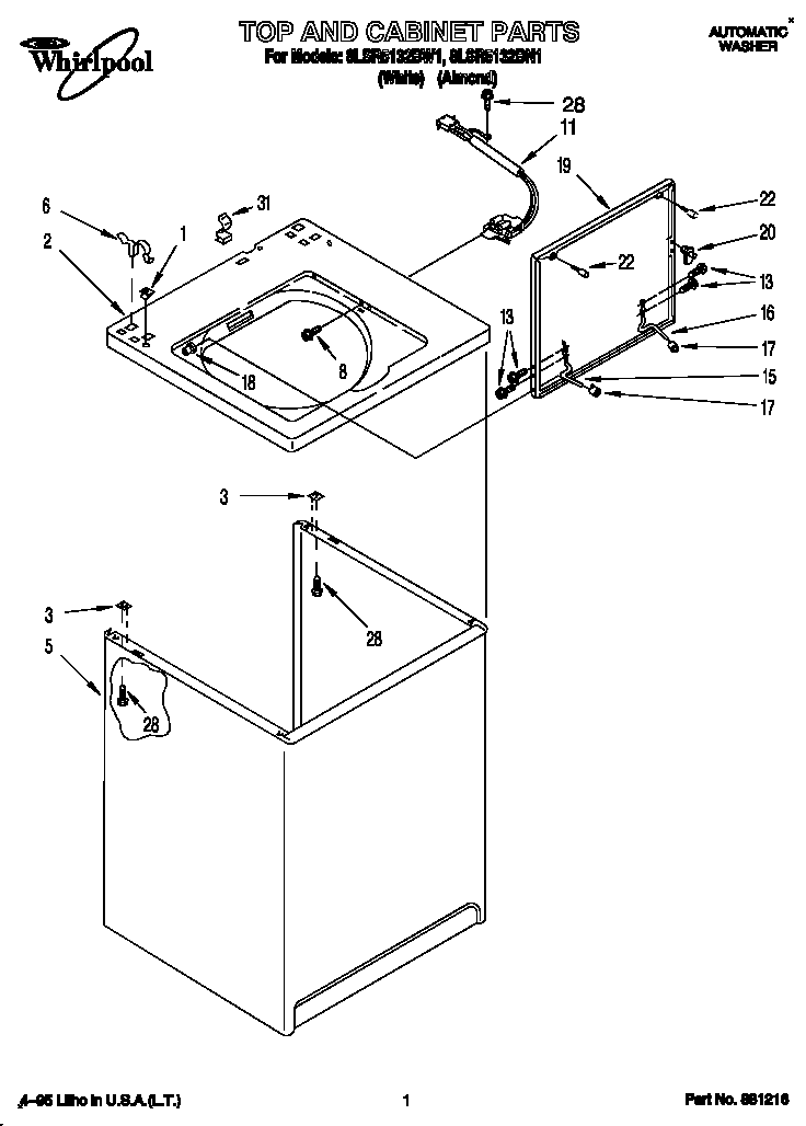 Whirlpool 8LSR5132BW1 top and cabinet diagram