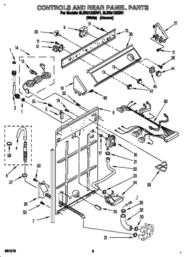 Whirlpool 8LSR5132BW1 controls and rear panel diagram