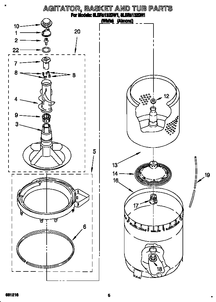 Whirlpool 8LSR5132BW1 agitator, basket and tub diagram